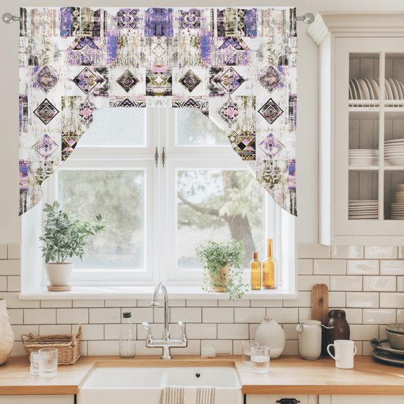 Ethnic Patchwork Swag Valance for Windows, Rustic Vintage Bohemian Brown Purple Gray Grid Swag Curtains Valances for Small Window Treatment Rod Pocket for Kitchen Bathroom 1 Panel 56x36in