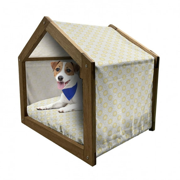 Ethnic Pet House, Elaborated Ornamental Endless Pattern of Motifs, Outdoor & Indoor Portable Dog Kennel with Pillow and Cover, 5 Sizes, Earth Yellow Pale Grey, by Ambesonne