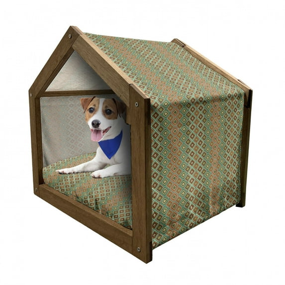 Ethnic Pet House, Mosaic Style Pattern with Accents Symmetric Triangles Folkloric Elements, Outdoor & Indoor Portable Dog Kennel with Pillow and Cover, 5 Sizes, Multicolor, by Ambesonne
