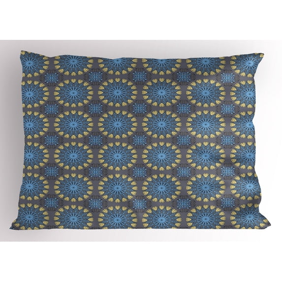 Ethnic Pillow Sham Arabesque Style Mandala Inspired Circular Motifs Ethnic Antique, Decorative Standard King Size Printed Pillowcase, 36 X 20 Inches, Pale Blue Pale Yellow, by Ambesonne