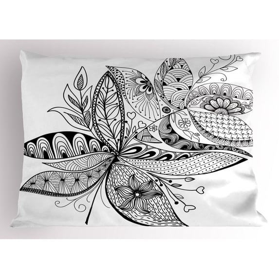 Ethnic Pillow Sham Arabesque Stylized Flower Pattern with Ornamental Middle Eastern Effects Artwork, Decorative Standard Queen Size Printed Pillowcase, 30 X 20 Inches, Black White, by Ambesonne