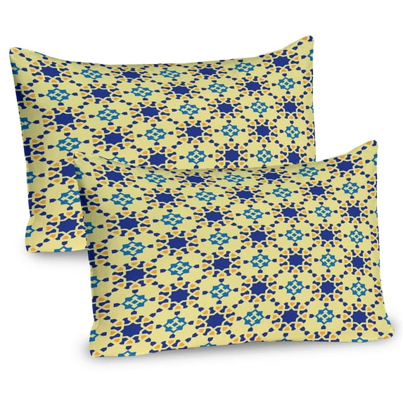 Ethnic Pillow Sham Set of 2, Moroccan Ceramic Motif with Persian Folk Effects Antique Design, Quality Microfiber Bedding Item for All Seasons, 26" x 20", Violet Blue Yellow, by Ambesonne
