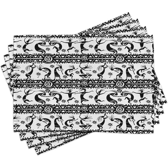 Ethnic Place Mats Set of 4, Silhouette of Dancings Geometric Shapes in Horizontal Line Art Design Boho, Washable Fabric Placemats for Dining Table, Standard Size, White and Black