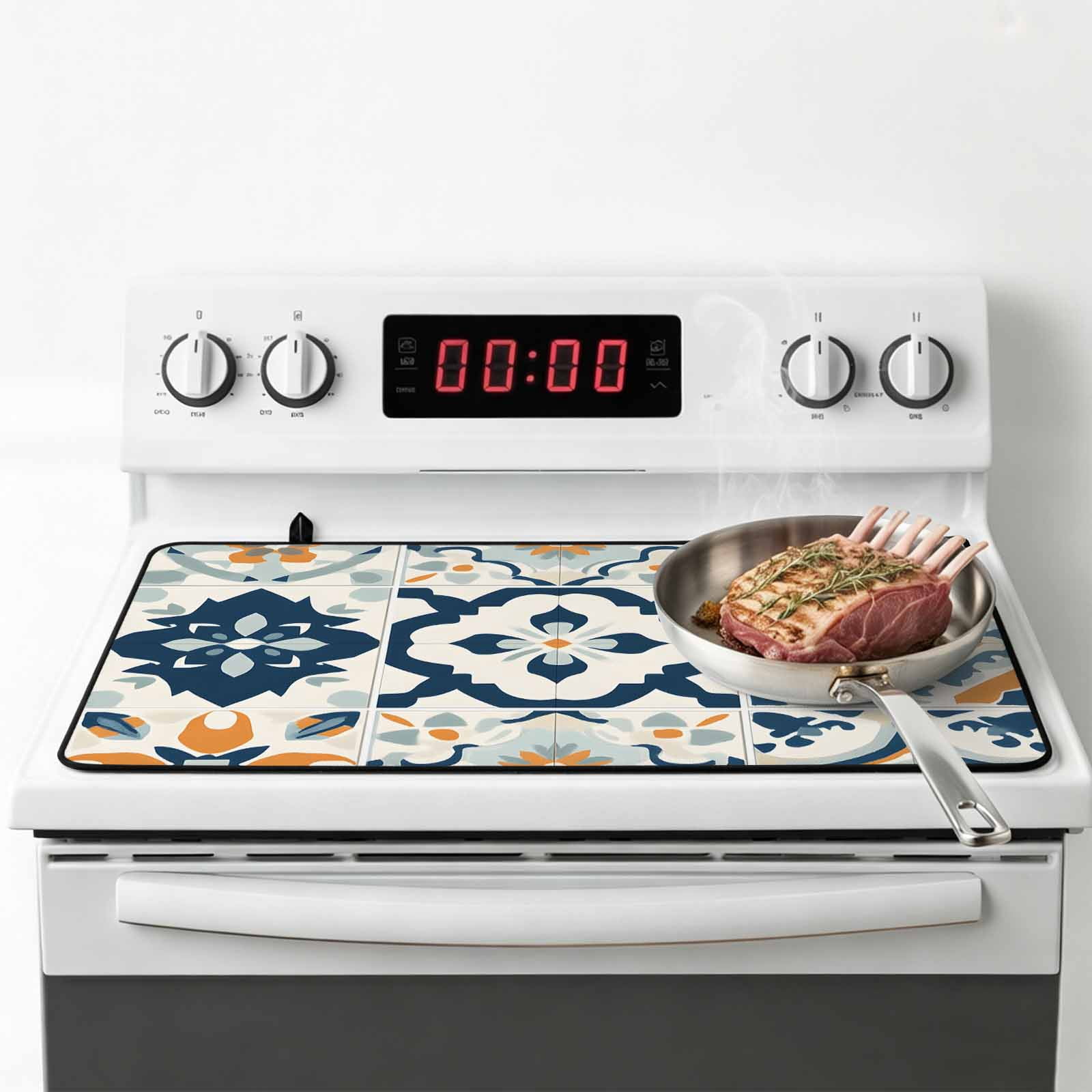 Ethnic Plaid Stove Top Cover for Electric Stove, Heat-proof & Non Slip Glass Top Stove Cover Protector, Modern Rustic Abstract Geometric Art Kitchen Flat Cooktop Rubber Mat 24x21 Inches