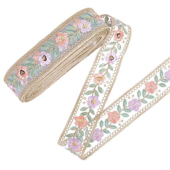 Ethnic Polyester Ribbon with Glitter Sequins Flower Pattern Dark Salmon 43mm for DIY