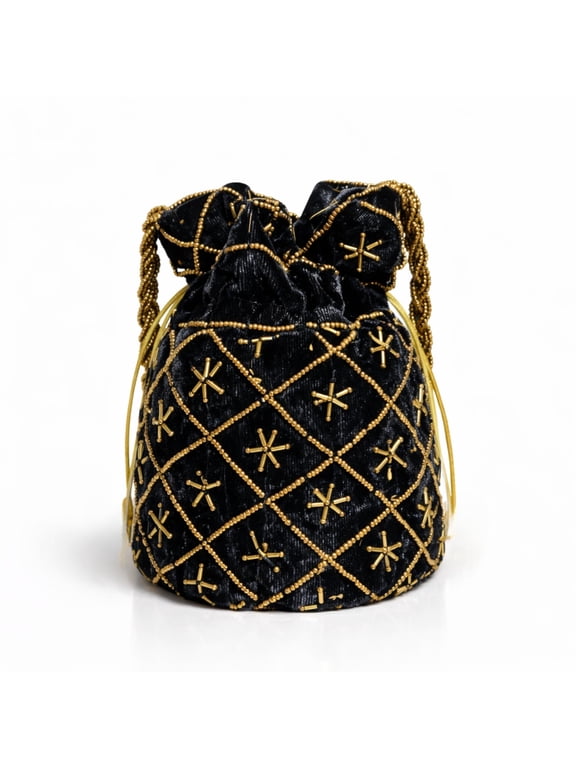 Ethnic Potli Bag for Women with Secure Drawstring, Handcrafted Pouch for Wedding, Celebration and Party Use, Elegant Carry Bag for Essentials (Black)