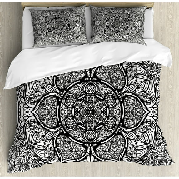 Ethnic Queen Size Duvet Cover Set, Mandala Inspired Ethnic Artwork Hand Drawn Ethnic Paisley Pattern Boho Native, Decorative 3 Piece Bedding Set with 2 Pillow Shams, Black and White, by Ambesonne