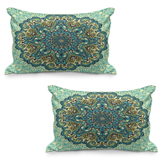 Ethnic Quilted Pillowcover Set of 2, Abstract Flower Arrangement Mandala Style Nature Elements Vibrant, Standard Queen Size Pillow Cover for Bedroom, 36" x 20", Pale Yellow Turquoise, by Ambesonne