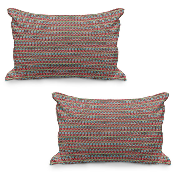 Ethnic Quilted Pillowcover Set of 2, Continuous Demonstration of Colorful and Ethnic Motifs on Horizontal Strips, Standard Queen Size Pillow Cover for Bedroom, 30" x 20", Multicolor, by Ambesonne