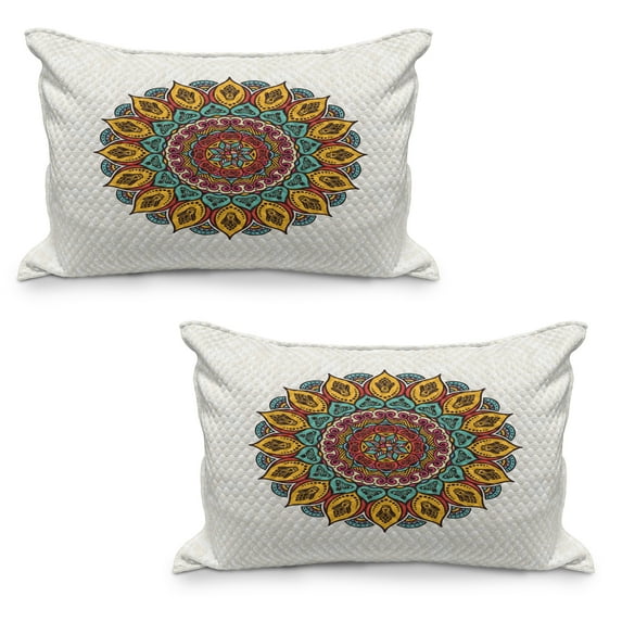 Ethnic Quilted Pillowcover Set of 2, Mandala with Vintage Elements on Victorian Backdrop Motifs Print, Standard Queen Size Pillow Cover for Bedroom, 36" x 20", Multicolor, by Ambesonne