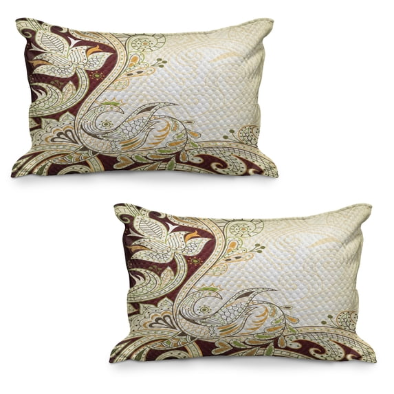 Ethnic Quilted Pillowcover Set of 2, Oriental Floral Leaf Pattern with Middle Eastern Design, Standard Queen Size Pillow Cover for Bedroom, 30" x 20", Grey Yellow Chocolate, by Ambesonne