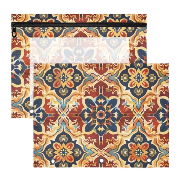 Ethnic Red Abstract Pattern 3-Ring Binder Pouches A4 Size Zipper Pocket File Storage 2 Packs