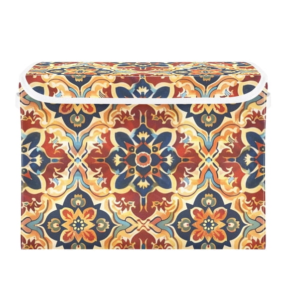 Ethnic Red Abstract Pattern Foldable Storage Bin with Lid and Handle Collapsible Storage Box 16.5 x 12.6 x 11.8 inches