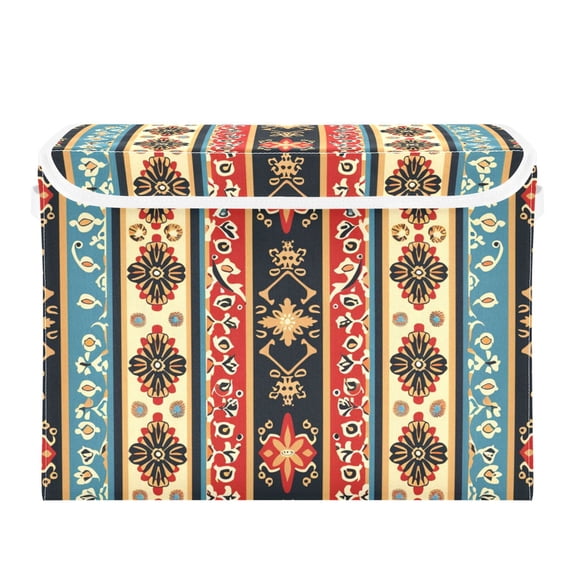 Ethnic Red and Black Stripes Foldable Storage Bin with Lid and Handle Collapsible Storage Box 16.5 x 12.6 x 11.8 inches