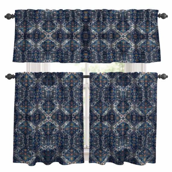 Ethnic Retro Kitchen Curtains Valances and Tiers Set of 3 Abstract Geometric Texture Blue Tier Curtains and Valance with Rod Pocket for Small Windows, 27.5"x36"
