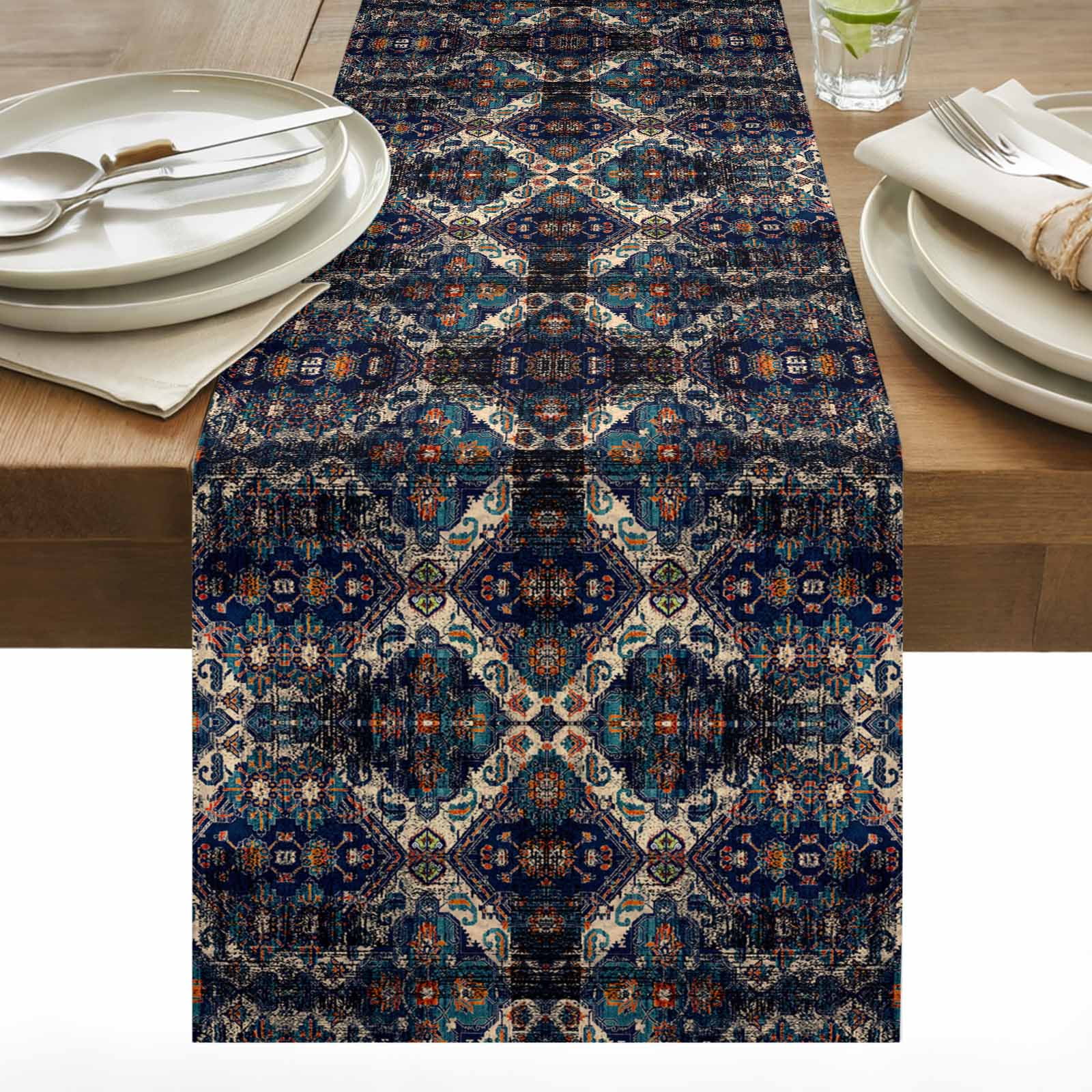 Ethnic Retro Table Runner 13x48 inch Abstract Geometric Texture Black ...