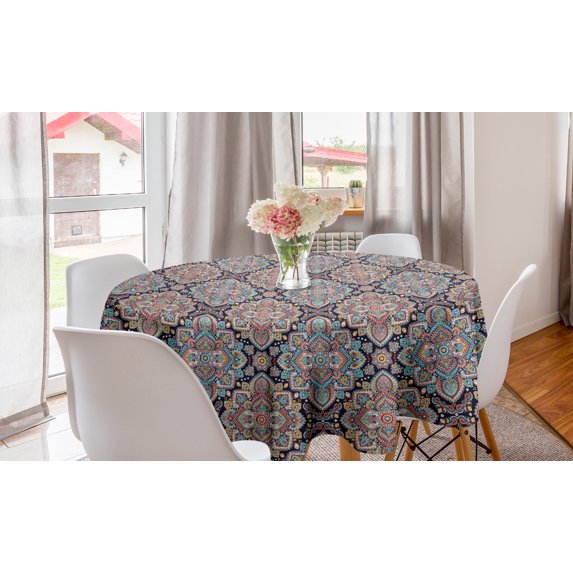 Ethnic Round Tablecloth, Bohemian Style Motif Vintage Oriental Inspired Traditional Art, Circle Table Cloth Cover for Dining Room Kitchen Decor, 60", Multicolor, by Ambesonne