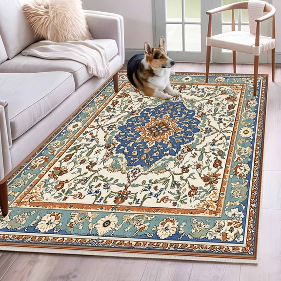 Ethnic Rustic Area Rug 3x5 FT, Non Slip Entryway Bedside Carpet, Boho Southwestern Antique Orange Blue Green Washable Soft Floor Carpet Indoor Mat Non-Shedding Throw Rugs for Dorm Kitchen Home Office