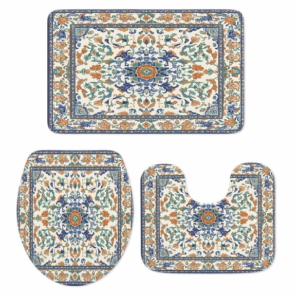 Ethnic Rustic Bath Mat 3 Piece Bathroom Rug Set, Boho Southwestern Heritage Orange Blue Green Non Slip Bath Rug Contour Mat and Toilet Lid Cover, Absorbent Shower Mats Soft Bath Rugs and Mats Sets