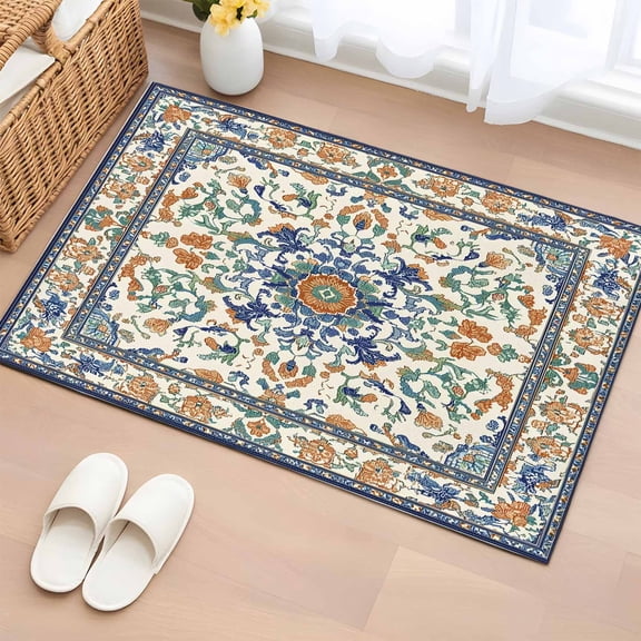 Ethnic Rustic Bathroom Mats 2x3 FT,Non Slip Small Kitchen Mat,Boho Southwestern Heritage Orange Blue Green Washable Soft Backed Front Door Throw Rugs Indoor Outdoor Doormats for Entryway Sink