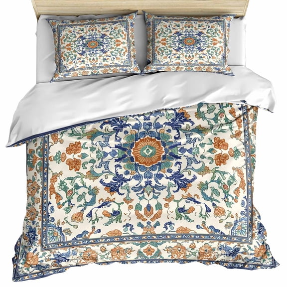 Ethnic Rustic Bedding 3 Piece Duvet Cover Set Twin Size, Boho Southwestern Heritage Orange Blue Green Soft Microfiber Comforter Cover with Zipper Closure & Pillowcases, FadeResistant Quilt Cover