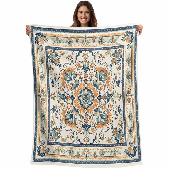 Ethnic Rustic Blanket Soft Cozy Warm Throw Blanket for Couch, Plush Fuzzy Flannel Fleece Blankets for Sofa, Boho Southwestern Heritage Orange Blue Bed Blankets Lightweight Gifts for Women, 32"x48"