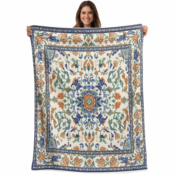 Ethnic Rustic Blanket Soft Cozy Warm Throw Blanket for Couch, Plush Fuzzy Flannel Fleece Blankets for Sofa, Boho Southwestern Heritage Orange Blue Green Bed Blankets Gifts for Men, 30"x40"