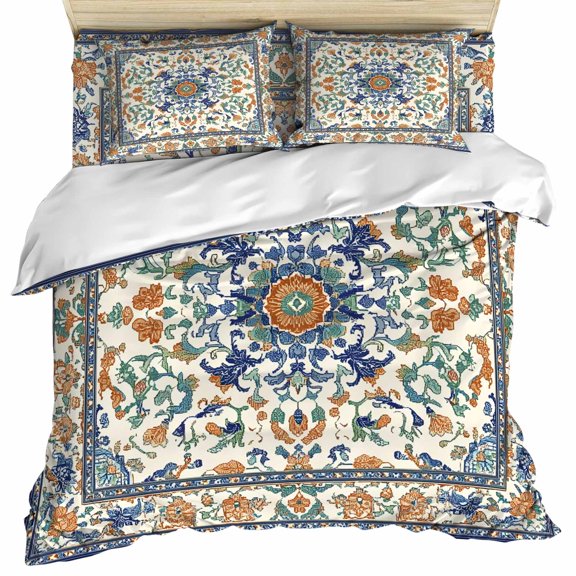 Ethnic Rustic Duvet Cover Set, Boho Southwestern Heritage Orange Blue Green Soft Duvet Cover Twin Size Bedding Set 4 Pieces, 1 Quiltcover and 2 Pillowcases with Zipper, 1 Bed Sheet for All Seasons