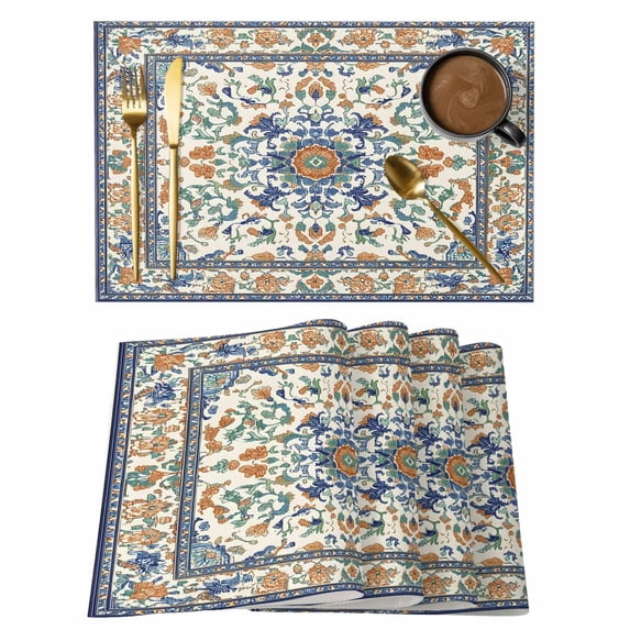 Ethnic Rustic Placemats Set of 8 Boho Southwestern Heritage Orange Blue Green Place Mats Indoor Wipeable Table Mats Washable Dining Table Placemats for Kitchen Holiday Party Home Decor 13x19 Inch