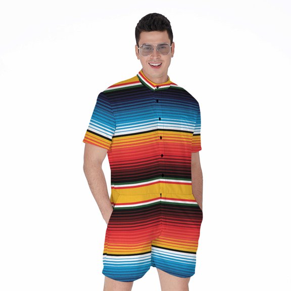 Ethnic Serape Blanket Pattern Short Sleeve Men'S Rompers, Ethnic Casual Summer Jumpsuits Outfit