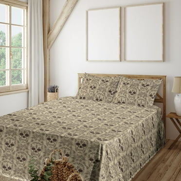 Ethnic Sheet Set, Old School American Tattoo Design Skull and Floral Ornament Print, Fitted & Flat Sheet with Pillowcase Bedding Accent 4 Pcs Set, King, Pale Sepia and Dark Rosewood, by Ambesonne