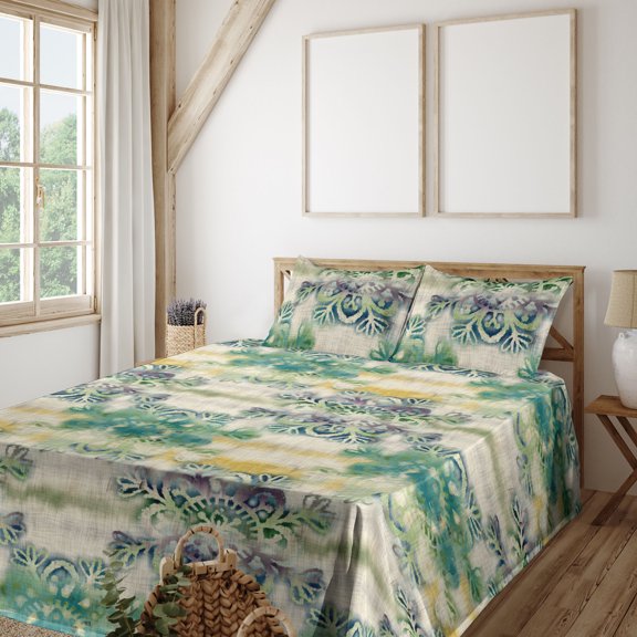 Ambesonne Ethnic Fitted & Flat Sheet with Sham 3 Pcs Set, Folk Floral Ornament Print, Twin, Jade Green Plum Mustard