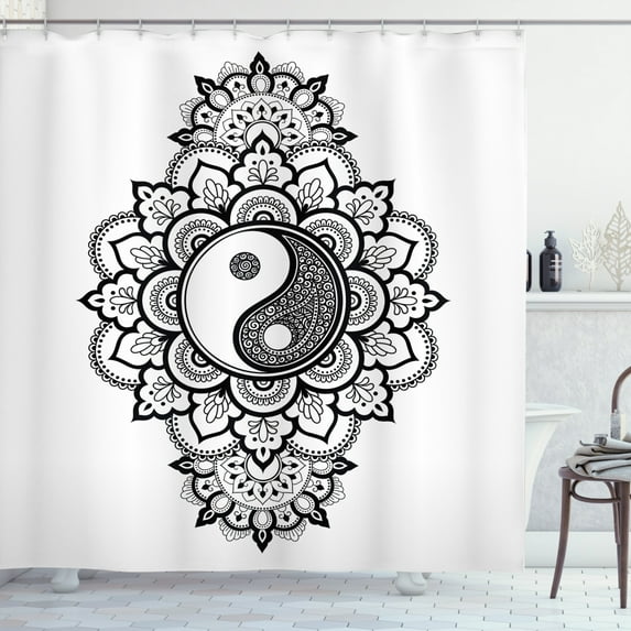 Ethnic Shower Curtain, Creative Composition of Yin Yang and Oriental Details Flourishes, Fabric Bathroom Set with Hooks, 69W X 70L Inches, Charcoal Grey and White, by Ambesonne