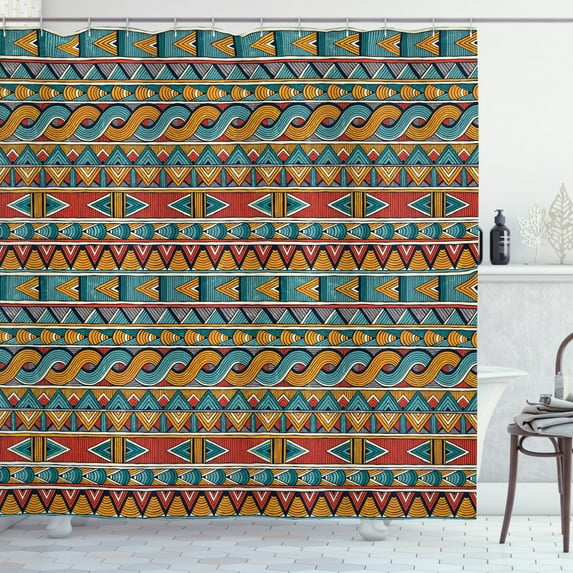 Ethnic Shower Curtain, Hand Drawn Style Pattern with Grunge Effect Abstract and Psychedelic Influences, Fabric Bathroom Set with Hooks, 69W X 84L Inches Extra Long, Multicolor, by Ambesonne