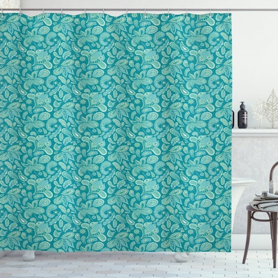 Ethnic Shower Curtain, Leaves Vintage Pastel Paisley Old Fashioned Historical Motifs in Blue Shades, Fabric Bathroom Set with Hooks, 69W X 70L Inches, Turquoise Teal, by Ambesonne