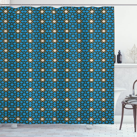 Ethnic Shower Curtain, Moroccan Stars Pattern with Geometric Shapes Bohemian Folklore Motifs, Fabric Bathroom Set with Hooks, 69W X 70L Inches, Off White Blue Dark Taupe, by Ambesonne