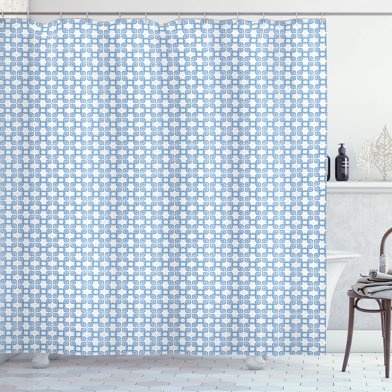Ethnic Shower Curtain, Oriental Ornamental Curly Motifs Exotic Grid Repetition in Monochrome Style, Fabric Bathroom Set with Hooks, 69W X 75L Inches Long, Sea Blue and White, by Ambesonne