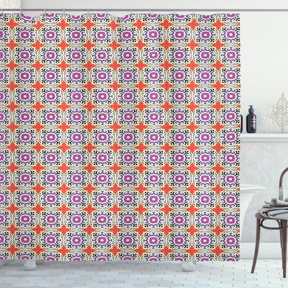 Ethnic Shower Curtain, Traditional Ethnic Pattern of Kazakh and Turkish Motifs and Four Petal Flower Print, Fabric Bathroom Set with Hooks, 69W X 84L Inches Extra Long, Multicolor, by Ambesonne