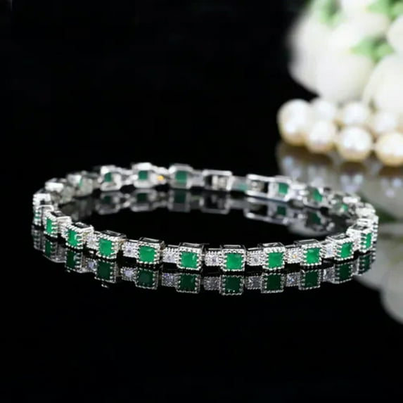 Ethnic Silver Plated Green Princess Cut CZ Cubic Zircon Costume Tennis Bracelet