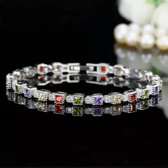 Ethnic Silver Plated Green Princess Cut CZ Cubic Zircon Costume Tennis Bracelet