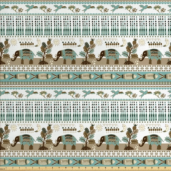Ambesonne Ethnic Fabric by the Yard Upholstery, Triangles Elephants Birds, 5 Yards, Pale Teal and Multicolor