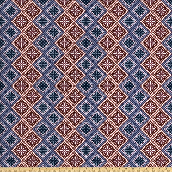 Ambesonne Ethnic Fabric by the Yard Upholstery, Checkered Floral Dotted, 10 Yards, Multicolor