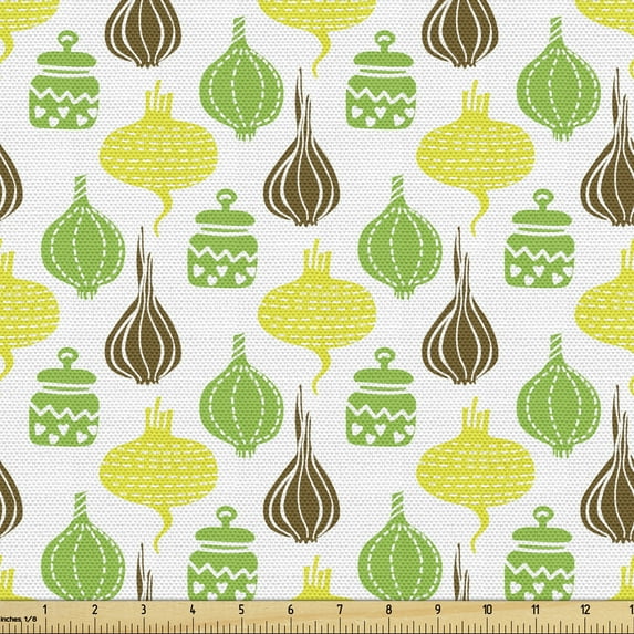 Ethnic Sofa Upholstery Fabric by the Yard, Garden Food Spices Vegetables Garlic Healthy Fresh Organic Ornamental, Decorative Fabric for DIY and Home Accents, Fawn Green and Yellow by Ambesonne
