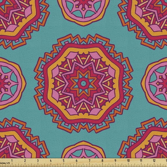 Ambesonne Ethnic Fabric by the Yard Upholstery, Oriental Mandala Like Motifs, 10 Yards, Teal Orange and Magenta