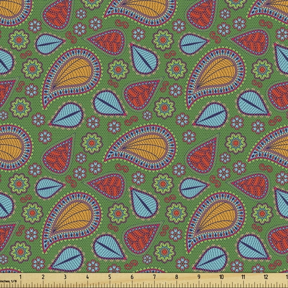 Ambesonne Fern Green Fabric by the Yard Upholstery, Floral Swirls, 2 Yards, Orange Blue and Red