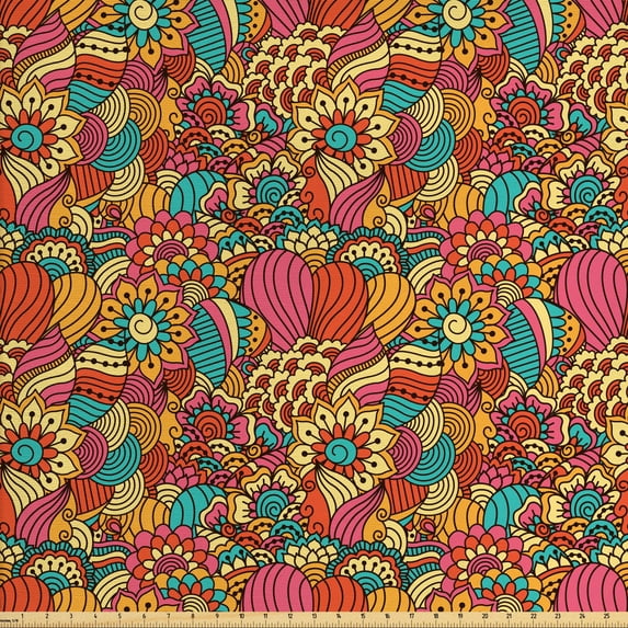 Ambesonne Ethnic Fabric by the Yard Upholstery, Colorful Floral Doodle, 5 Yards, Multicolor