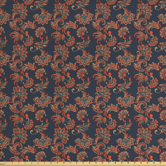 Ambesonne Ethnic Fabric by the Yard Upholstery, Oriental Floral Swirl, 2 Yards, Dark Blue Grey Vermilion
