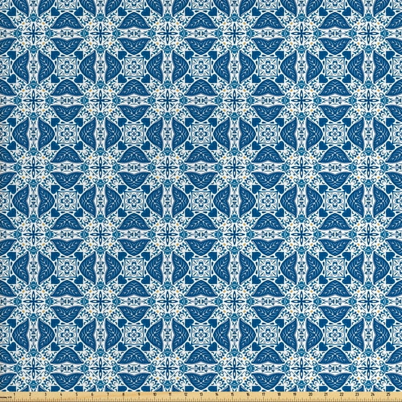 Ambesonne Ethnic Fabric by the Yard Upholstery, Azulejo Tiles Pattern, 5 Yards, Navy Blue Orange White
