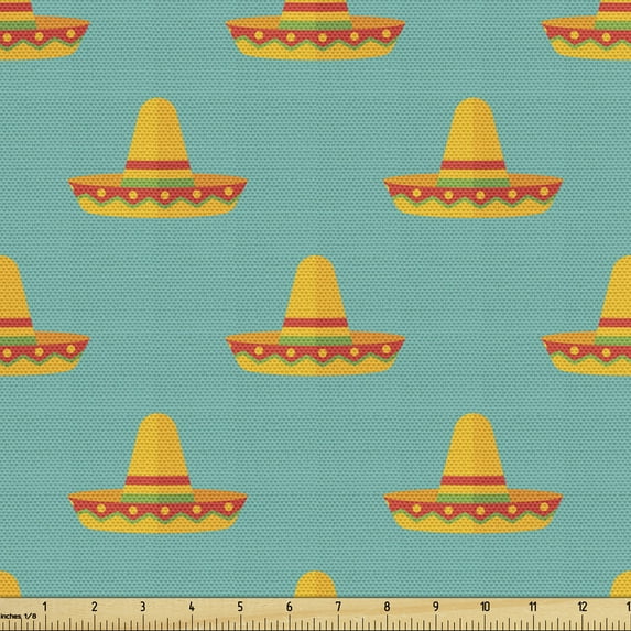Ambesonne Ethnic Fabric by the Yard Upholstery, Mexican Sombrero Hats Design, 2 Yards, Dark Seafoam and Orange