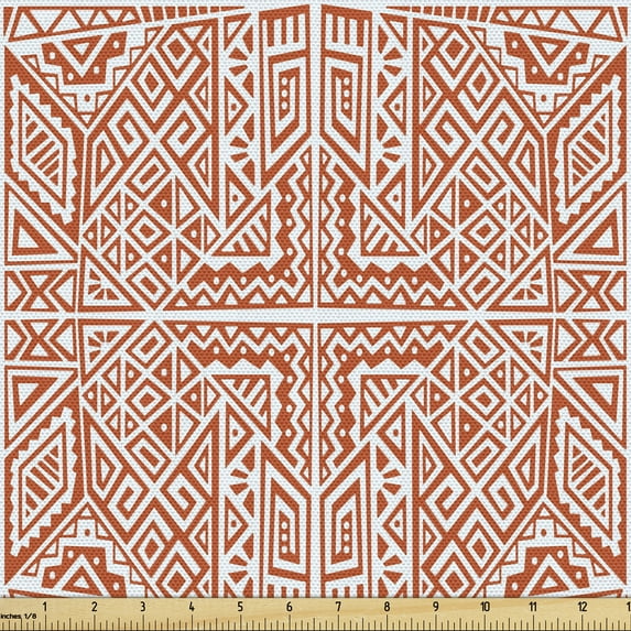 Ethnic Sofa Upholstery Fabric by the Yard, Tribal Style Geometrical Shapes from Triangles Motif in Monochrome Design, Decorative Fabric for DIY and Home Accents, Vermilion and White by Ambesonne